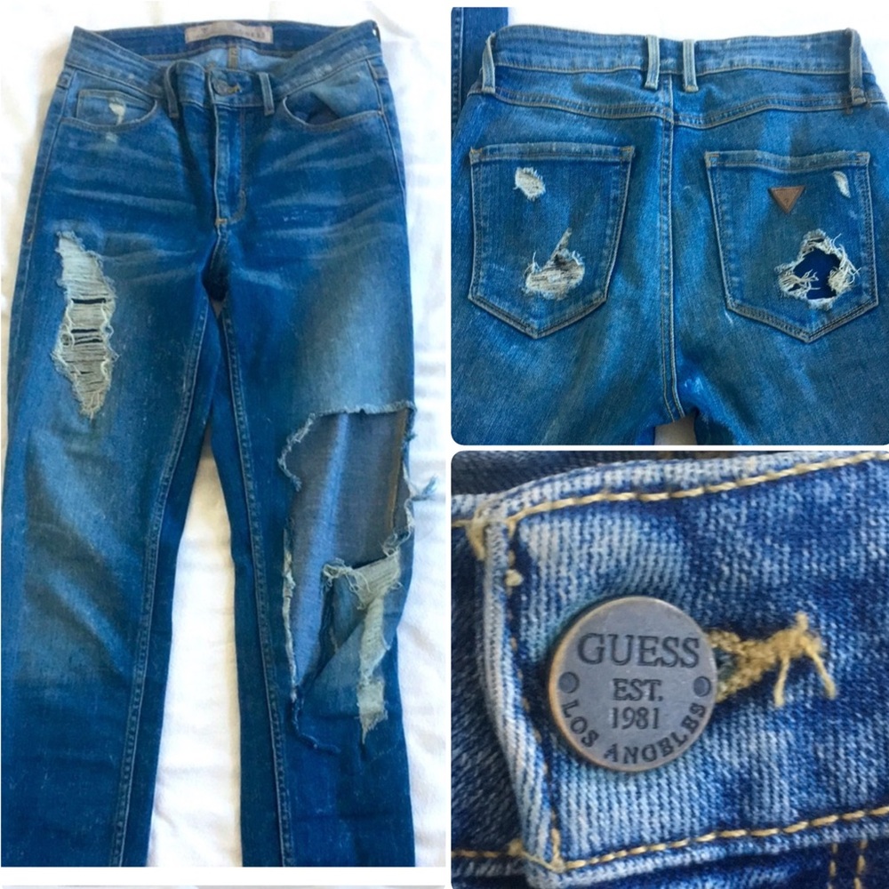 GUESS High Rise Distressed Skinny Jeans Blue Stretch Denim Ripped Ripped Size 25 - Picture 2 of 15